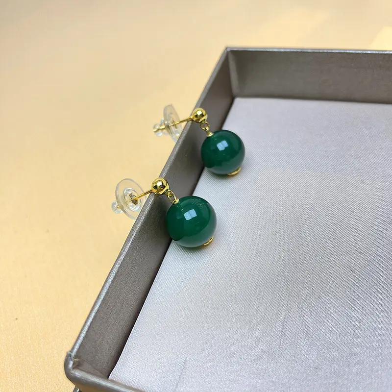 Sterling Silver Natural Green Agate High Stud Earrings Simple Women