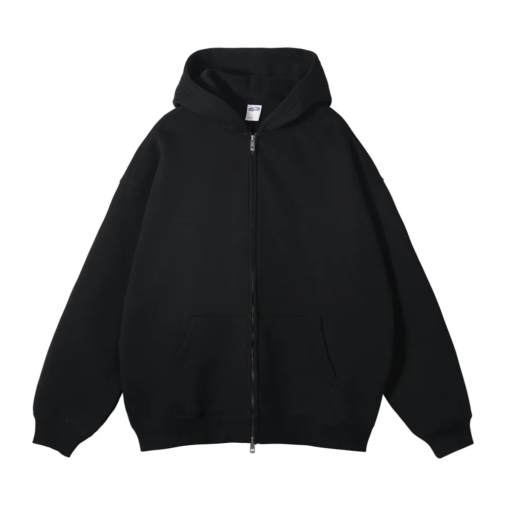 Fleece-lined Thickened American Zipper Men's Sweater And Pants - Black