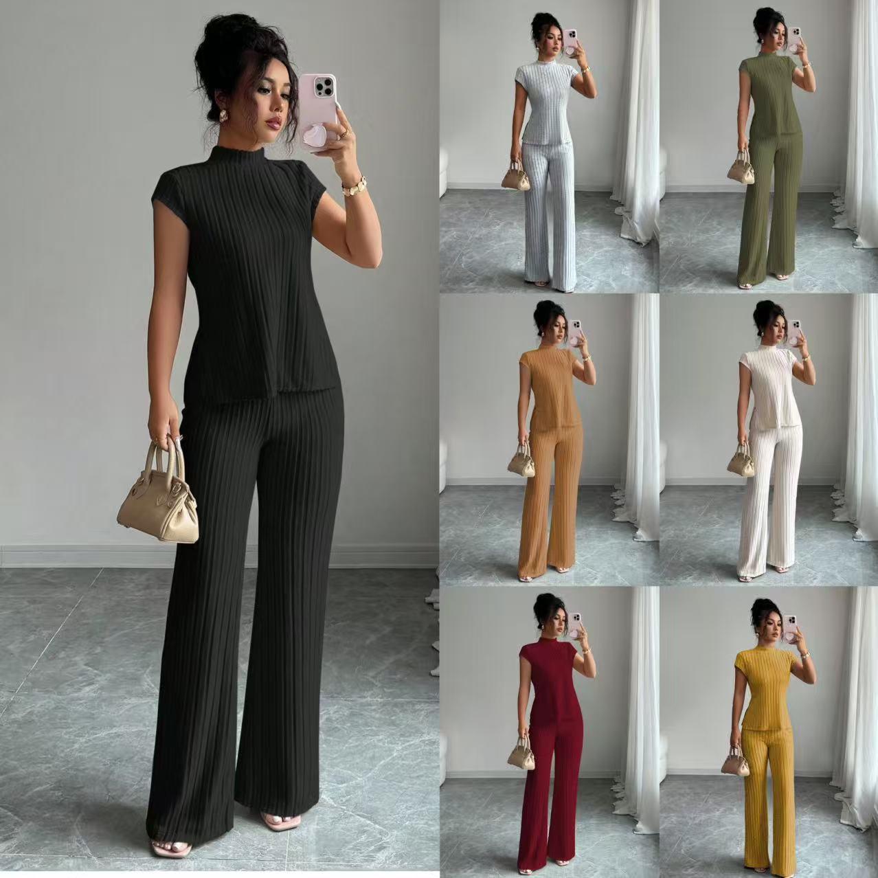 Solid-color Short-sleeve Top And Ribbed Casual Pants Set