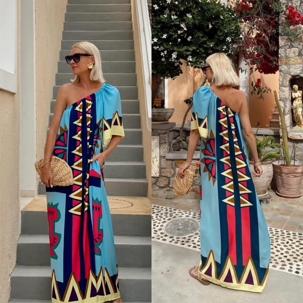 Printed Diagonal Shoulder Vacation Dress Women's Dress