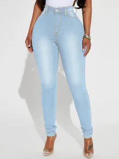 Women's High Waist Slim-fit Pure Elastic Slimming Jeans - Light Blue - View 1