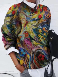 Women's Fashionable Brushed Butterfly Printed Loose Long Sleeves Top - Yellow - View 1