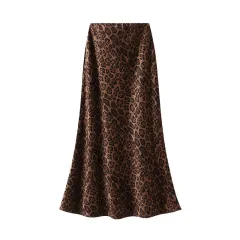 Suede Leopard Print Midi Skirt High Waist - Khaki - View 1