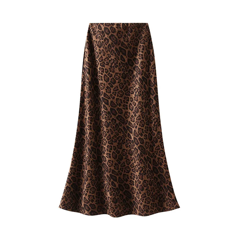 Suede Leopard Print Midi Skirt High Waist - Khaki