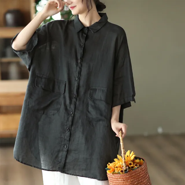 Retro Ramie Shirt Mid length Elegant Top Black - Shop at LoveMi