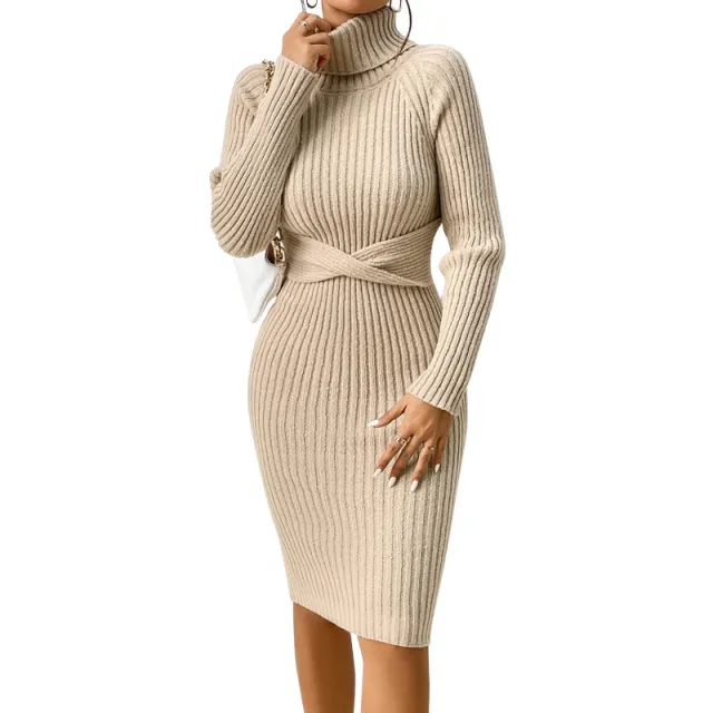 Autumn And Winter Outfit High neck Slim fit Sweater Dress Khaki - Shop at LoveMi