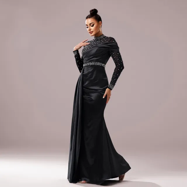 Long Sleeve Slim fit Sheath Pearl Banquet Fishtail Evening Dress Black - Shop at LoveMi