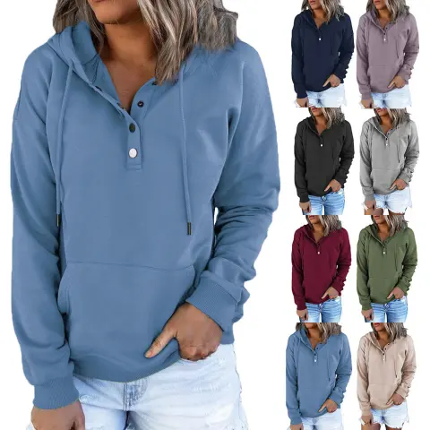 Long-sleeved Hooded Sweatshirt with Pockets Fashion Casual Button Drawstring