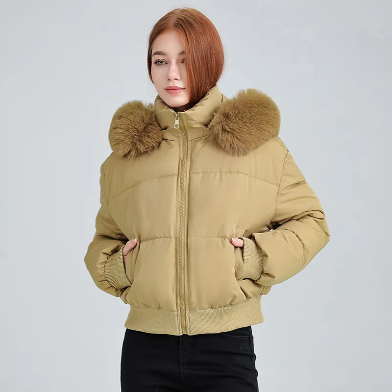 Women's Hooded Fur Collar Cotton-padded Clothes With Design Sense - Khaki