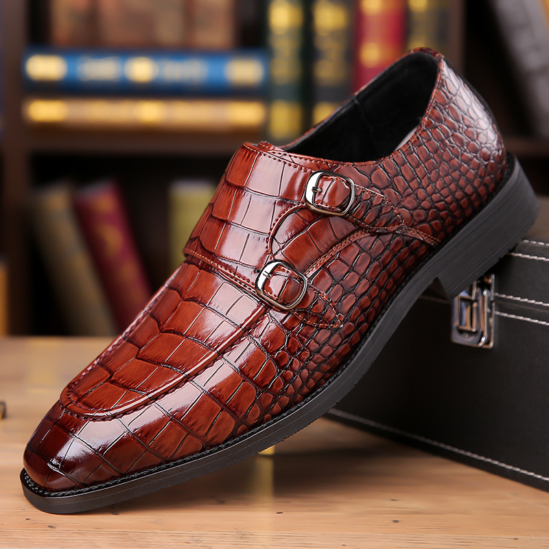 Cross-border Large-size Crocodile-pattern Leather Shoes For Men, Pointed-toe, With Metal Buckle, Breathable Soft-soled Casual Leather Shoes, Non-slip 
