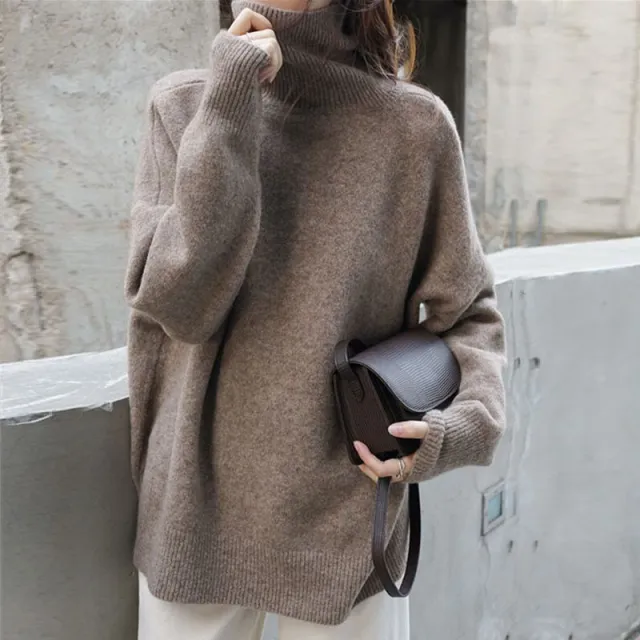 European And American Turtleneck Cashmere Sweater Women's Thickened Sweater Loose Pullover Lazy Knitted Plus Size Bottoming Shirt Camel - Shop at LoveMi