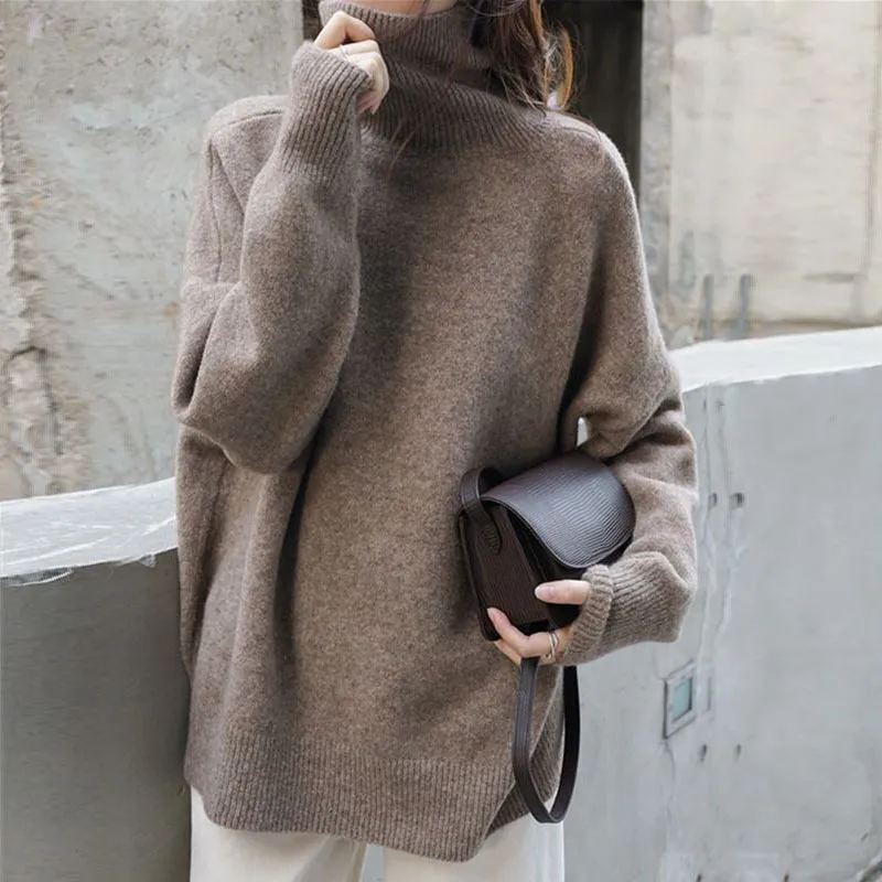 European And American Turtleneck Cashmere Sweater Women's Thickened Sweater Loose Pullover Lazy Knitted Plus Size Bottoming Shirt - Camel
