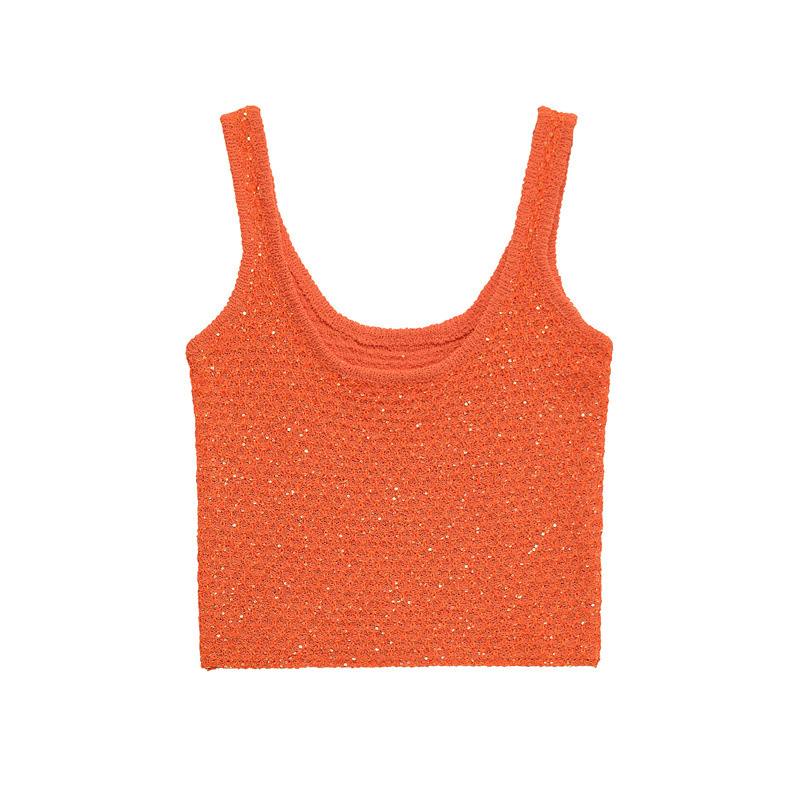 Beads Decoration Knitwear Women's Round Neck Short Sleeve Top Wide Camisole Vest Orange Sling - Shop at LoveMi