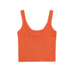 Beads Decoration Knitwear Women's Round Neck Short Sleeve Top Wide Camisole Vest - Orange Sling - View 1