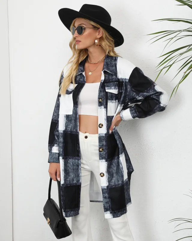 Women's Plaid Single breasted Lapel Long sleeved Coat 109630 Black And White - Shop at LoveMi