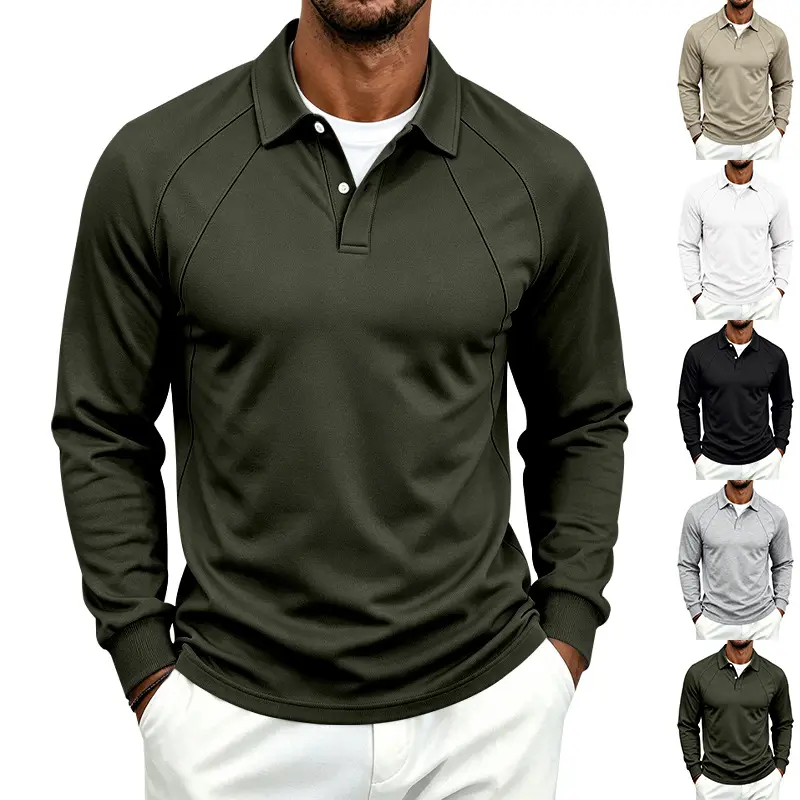 Lapel-button Sport Solid-color Mens Long-sleeve Polo Shirt