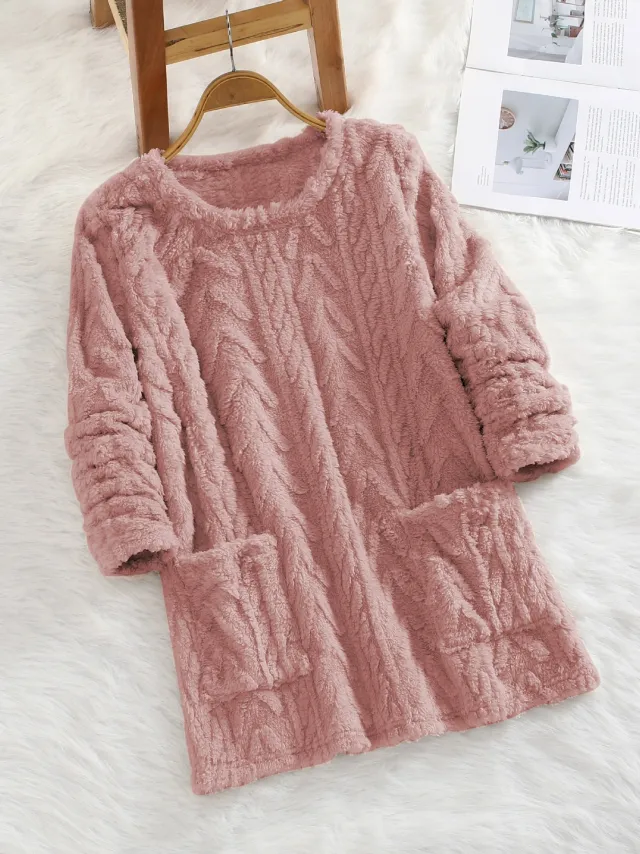 Teddy Fleece Jacquard Long sleeve Casual Sweatshirt For Autumn And Winter Fluffy And Warm With Pocket Hood Pink - Shop at LoveMi