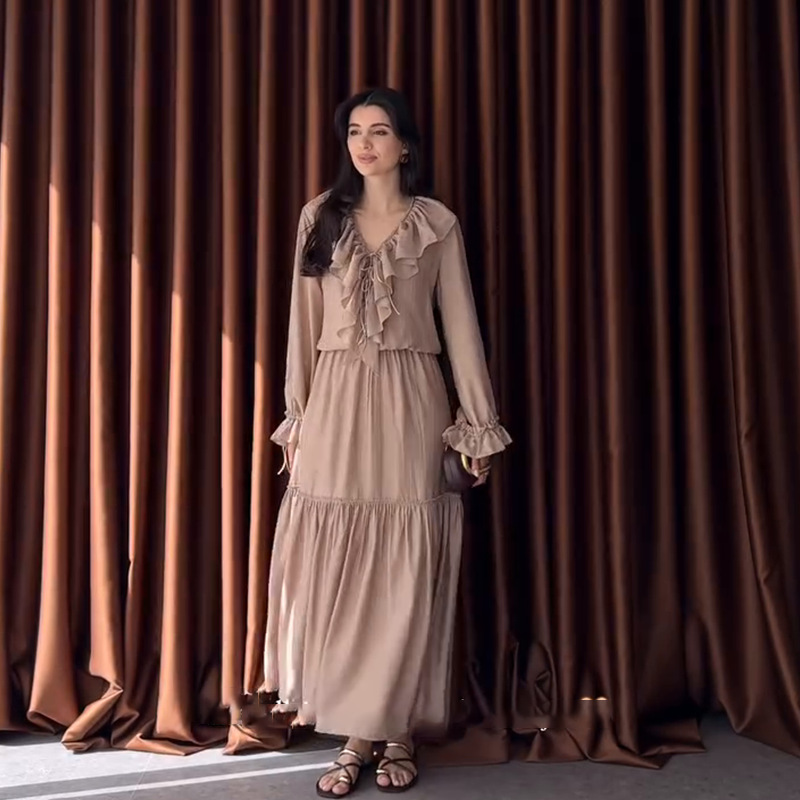 Women's Ruffled Elegant Casual Seaside Solid Color Skirt Suit Camel - Shop at LoveMi