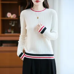 One-line Color-blocked Wool Sweater Women's Round Neck Trendy Design Loose - White - View 1