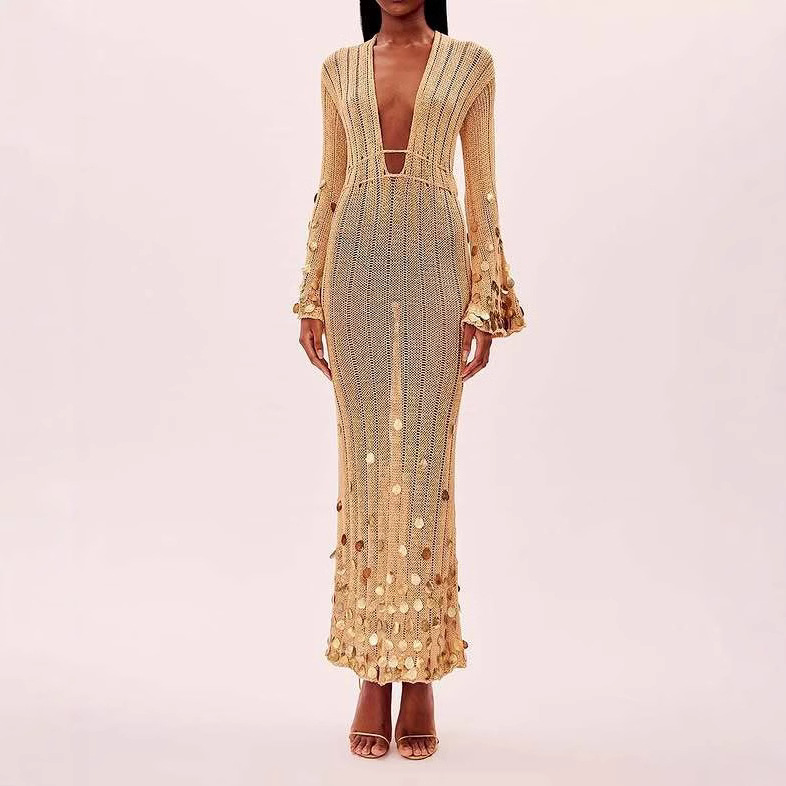 European And American V-neck Knitted Dress With Belt Sequins