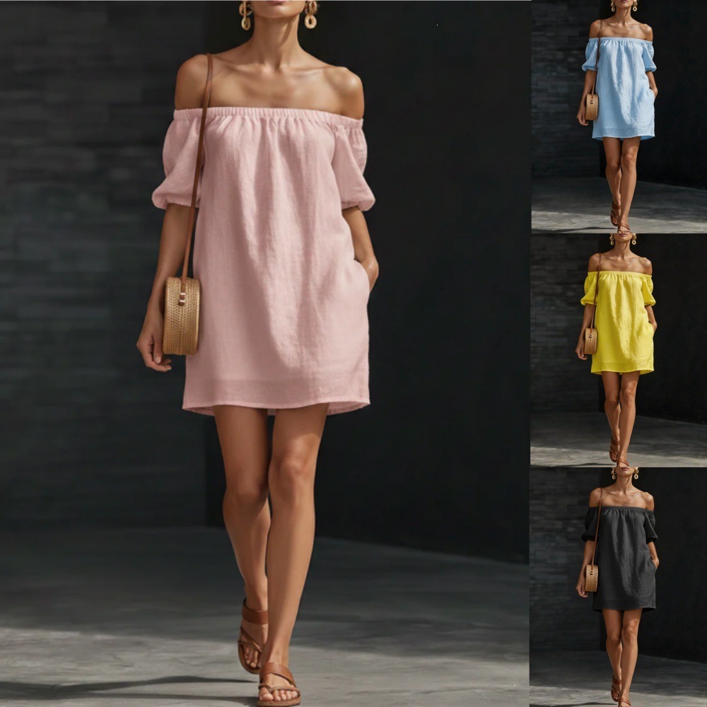 Cotton-linen Womens Off-shoulder Fashionable Loose-fitting Dress