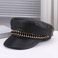 Artistic Retro Personality Light All-matching Peaked Cap - Black Hat Golden Chain - View 1