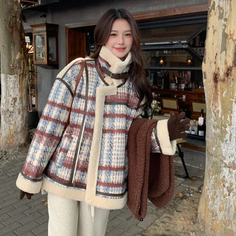 Retro Plaid Stand Collar Loose Fur Short Coat For Women