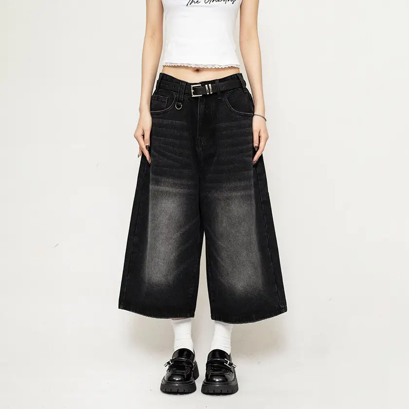 Women's American-style Retro Loose Cropped Denim Wide-leg Pants