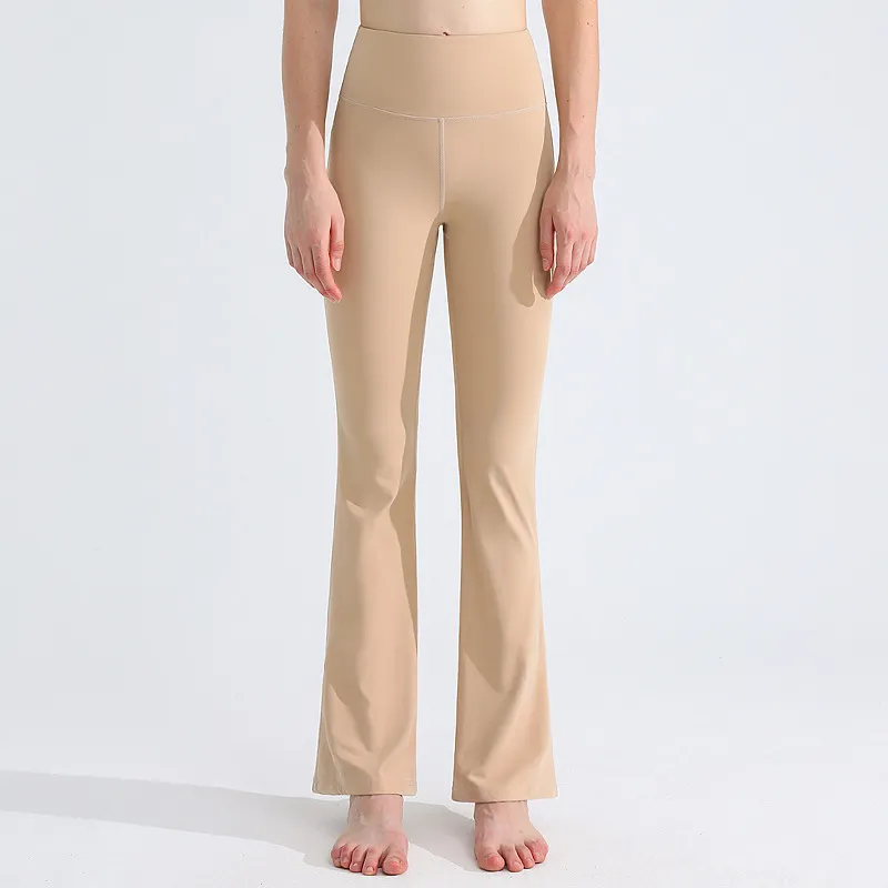 Antibacterial Sports Yoga Pants Female High Elastic Nude Feel Moisture Absorption Quick-drying Bell-bottom Pants - Khaki Nine Points
