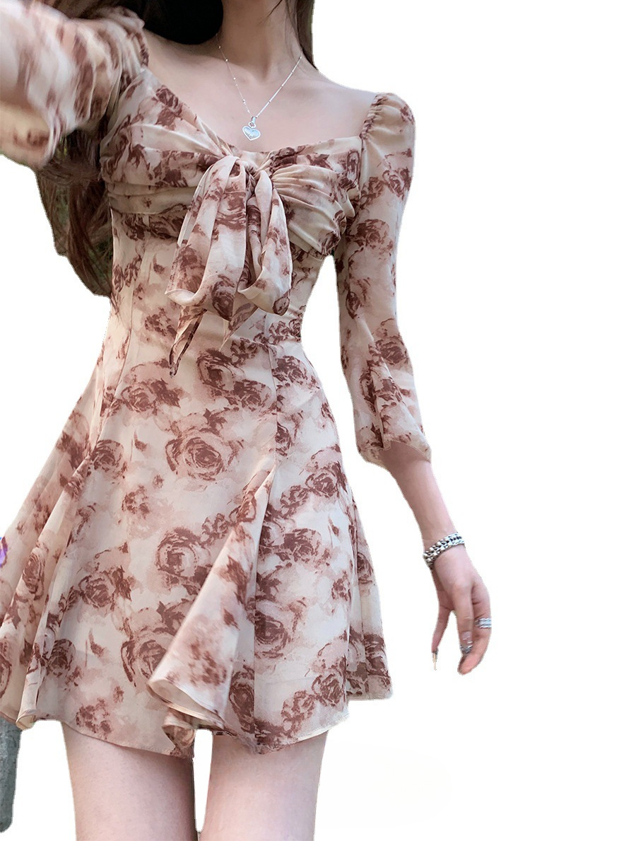 Purple Square Collar Floral Chiffon Women's Long Sleeve Printed Waist-controlled Elegant Dress