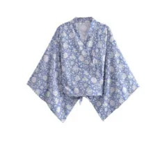 Printed V-neck Batwing Sleeve Blouse - 133Color - View 1