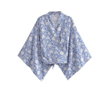 Printed V-neck Batwing Sleeve Blouse - 133Color