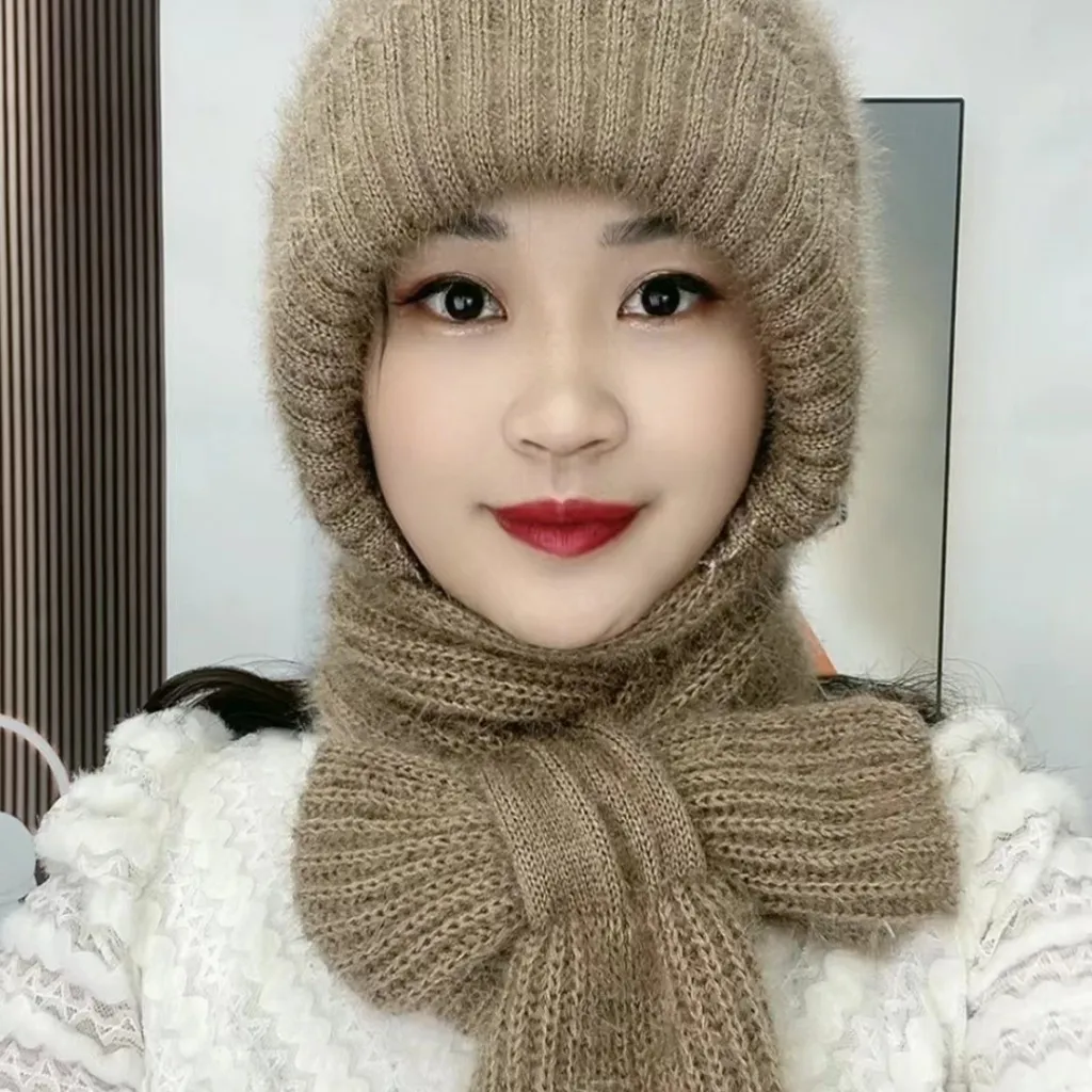 Autumn And Winter Squirrel-velvet Double-layer Knitted One-piece Scarf Hat - Camel