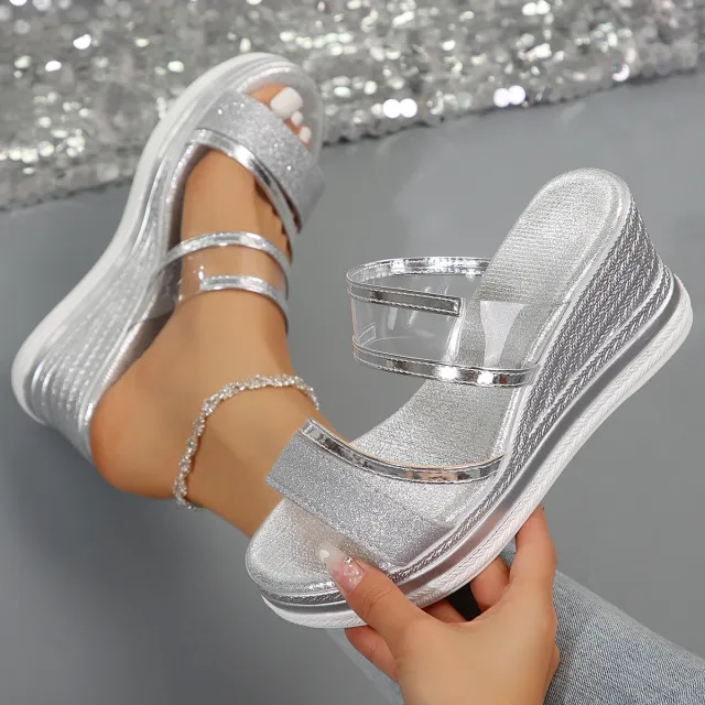 Women's Wedge Heel Plus Size High Heel Platform Slippers Silver - Shop at LoveMi