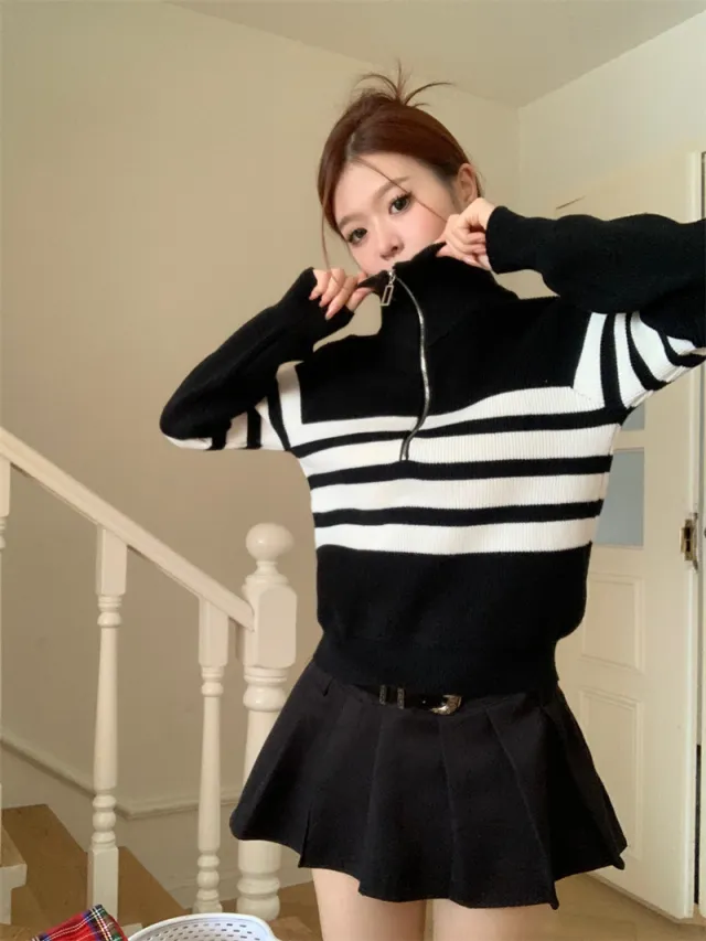 Contrast Color Striped Zipper Pullover Long Sleeve Sweater Black - Shop at LoveMi