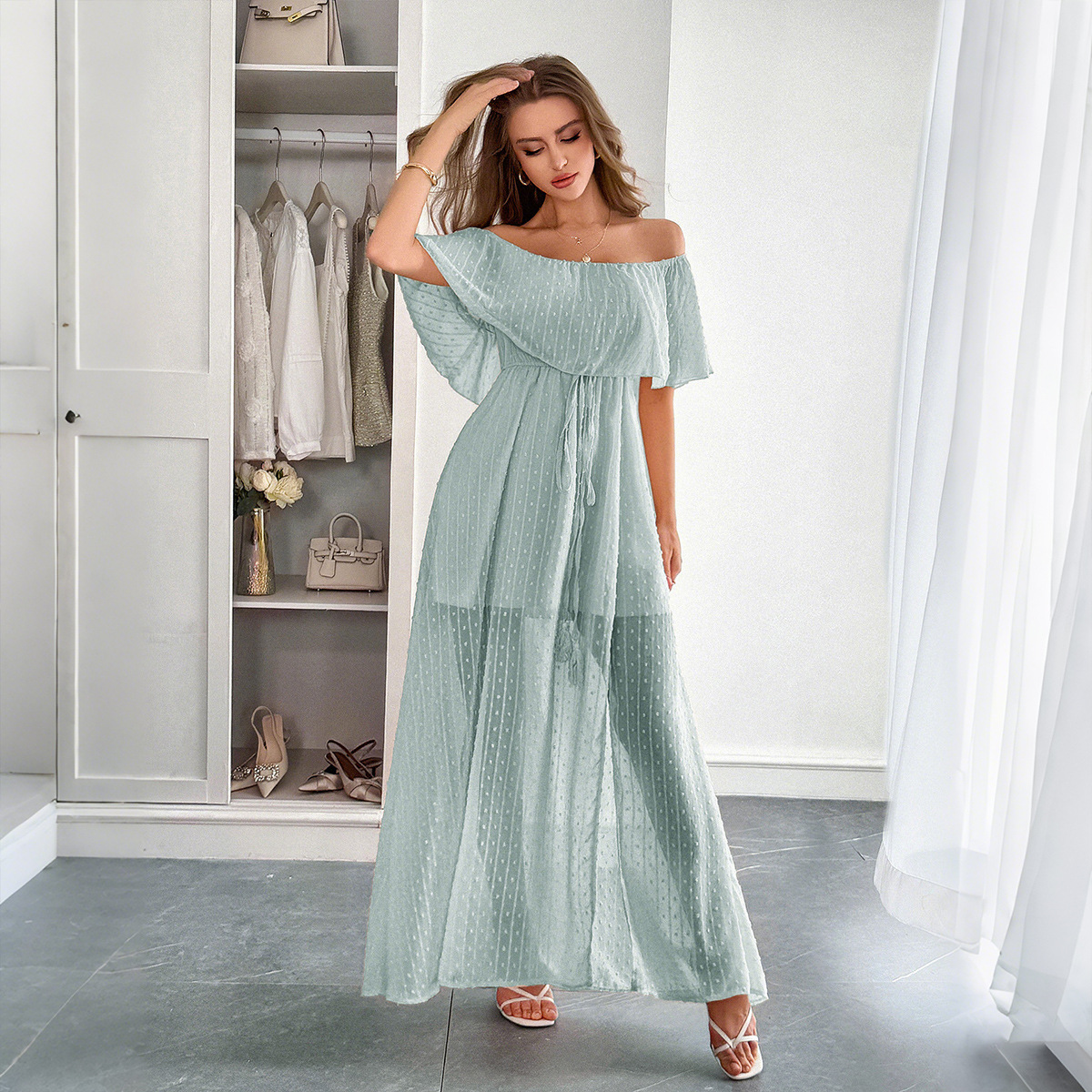 European And American Leisure Simple Style Off-the-shoulder Semi-transparent Slim Fit Dress