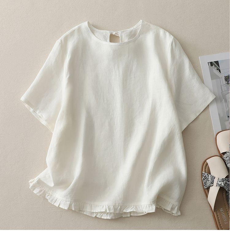 Retro Patchwork Cotton Short-Sleeve Shirt with Hollow-Back