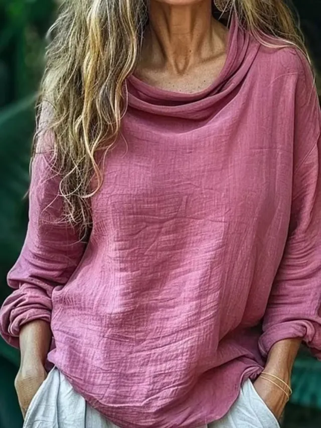 Spring Women's Casual Loose Fashion Long Sleeved Solid Color Pile Collar Pullover Pleated Top Red - Shop at LoveMi