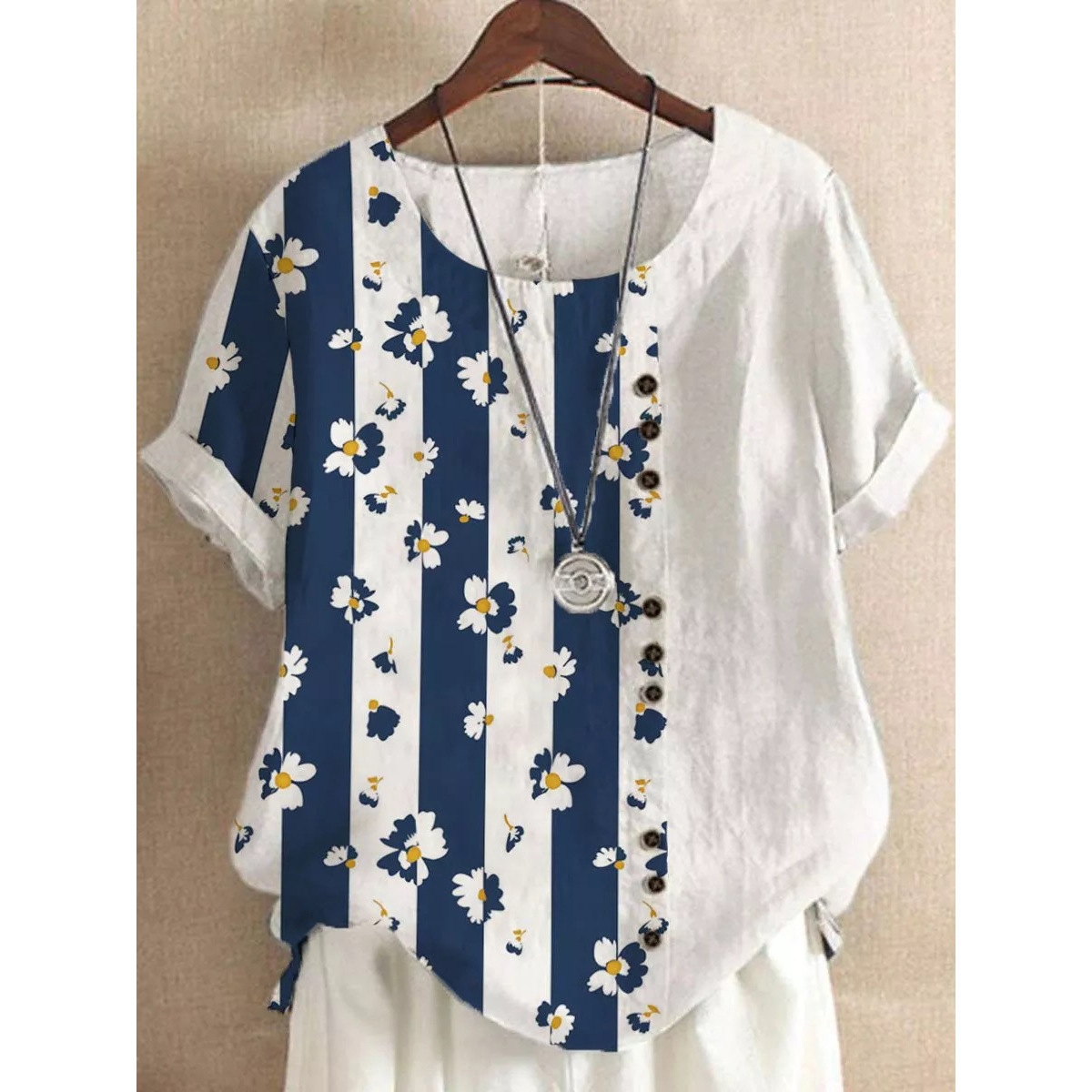 Title 4, Summer New 3d Printed Floral Button Short Sleeve