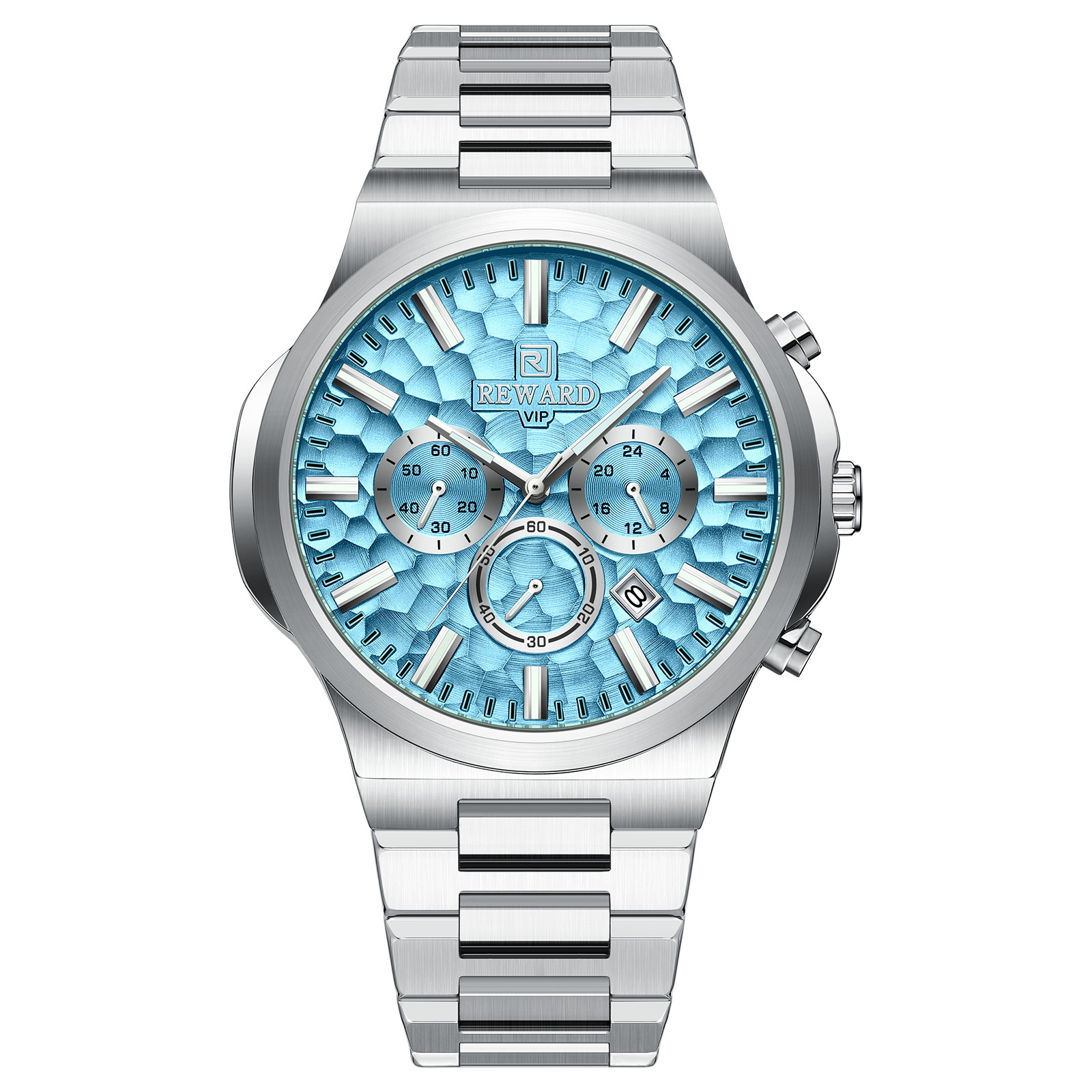 Luminous Waterproof Multifunctional Quartz Mens Watch Silver Case Light Blue Dial