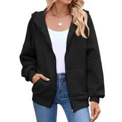 New Solid-color Zip-up Long-sleeve Hoodie With A Hood And Pockets For Women - Black - View 1