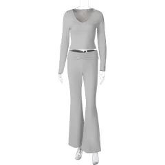Fashion Midriff-baring Long Sleeve Top Waist-tight Solid Colour Wide-leg Pants Suit - Grey - View 1
