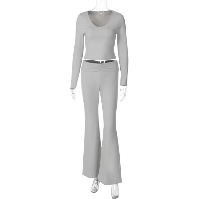 Fashion Midriff baring Long Sleeve Top Waist tight Solid Color Wide leg Pants Suit Gray - Shop at LoveMi