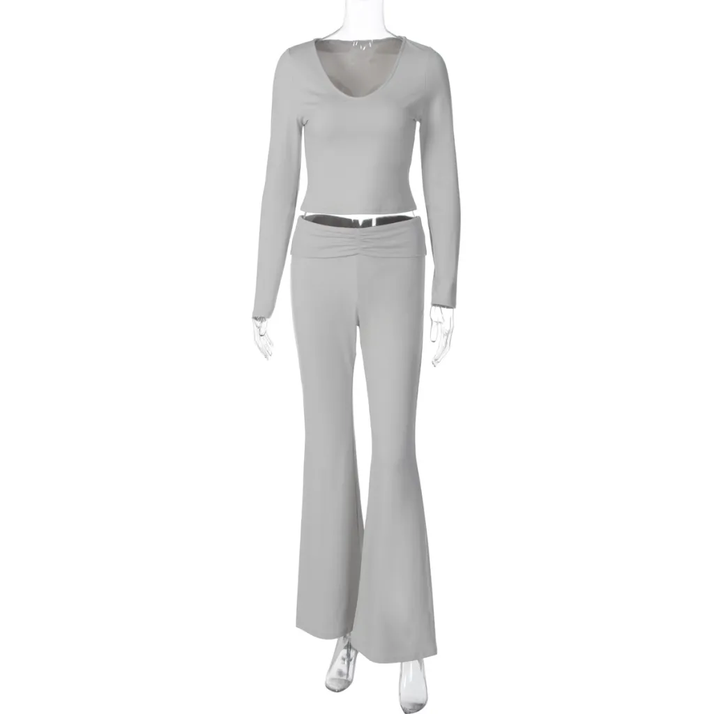 Fashion Midriff-baring Long Sleeve Top Waist-tight Solid Color Wide-leg Pants Suit - Gray