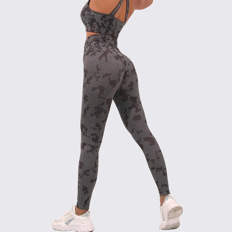 Camouflage Yoga Clothes Suit Sports Bra High Waist Belly Contracting Slimming Pants - Black Gray