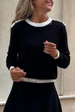 Long Sleeve Irregular Solid Skirt Two-piece Set - Black - View 1