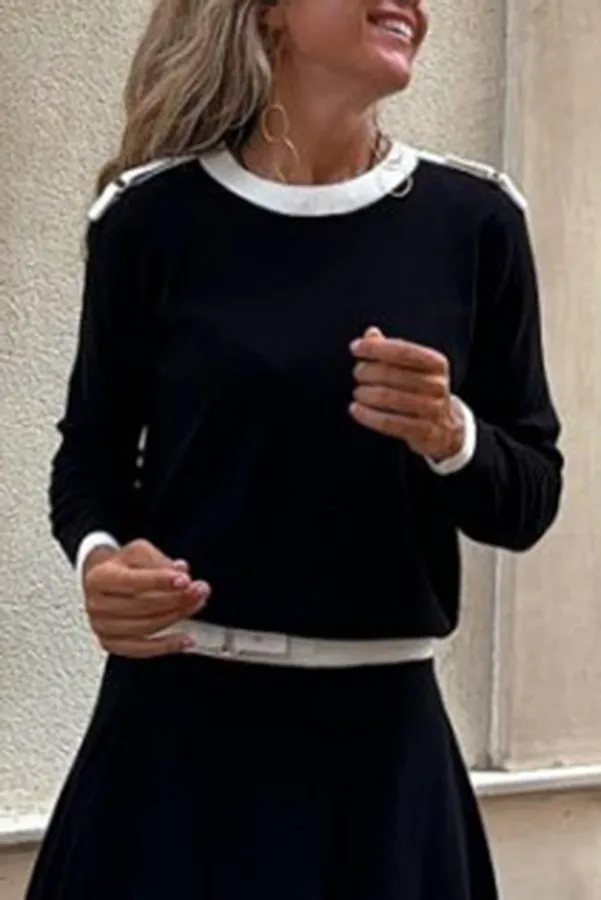 Long Sleeve Irregular Solid Skirt Two-piece Set - Black