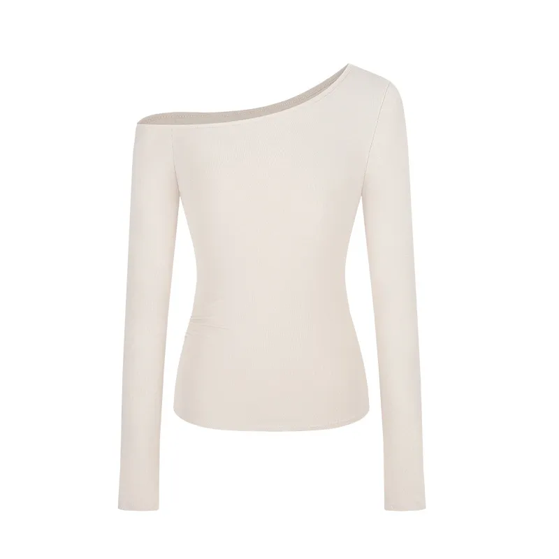 Pure Slim-fit Slimming And Shoulder Hollow Long-sleeved T-shirt Women's Top - Apricot