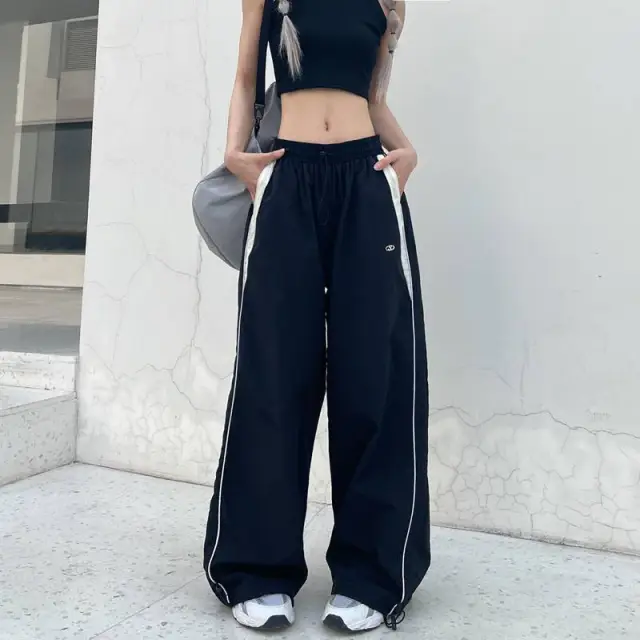 Black Street Hip hop Trendy Straight Loose Thin Track Pants Black - Shop at LoveMi