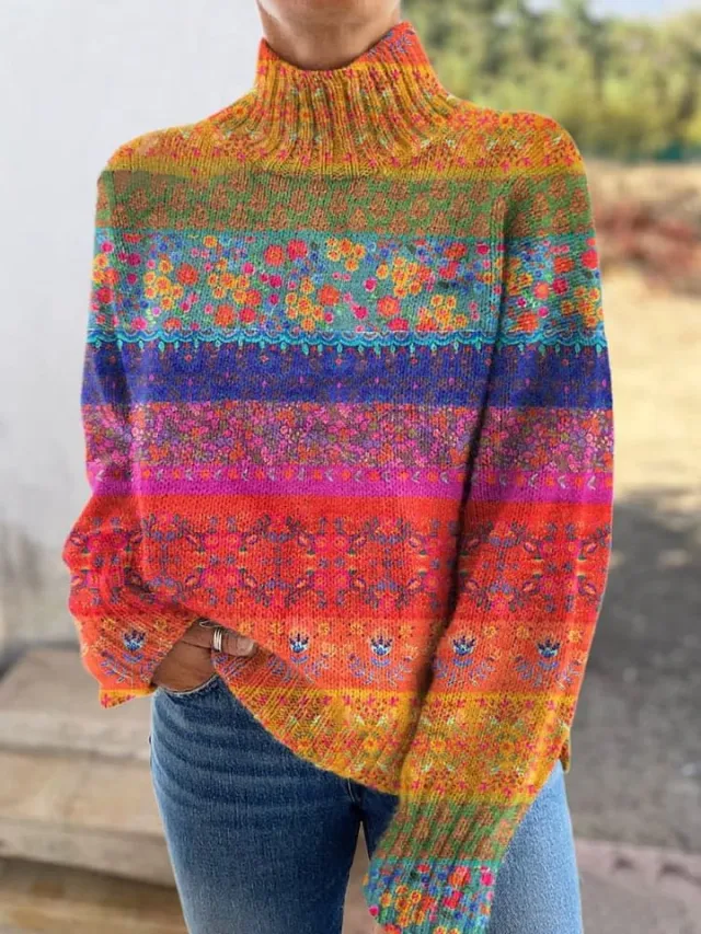 Abstract Printing Casual Cloak Turtleneck Pullover Women Qs409 - Shop at LoveMi